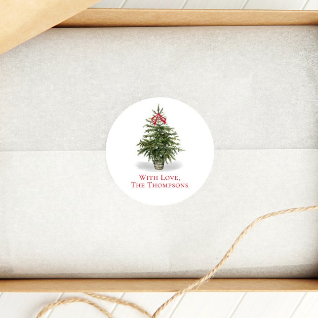 Watercolor Christmas Tree Simple Custom Classic Round Sticker (Simple and elegant Christmas tree gift sticker. )