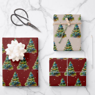 Watercolor Christmas Tree Snowflake Drawing  Wrapping Paper Sheet