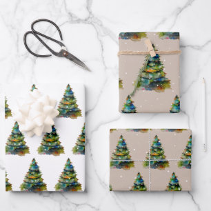 Watercolor Christmas Tree Snowflake Drawing Wrapping Paper Sheet