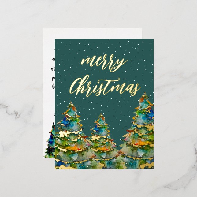 Watercolor Christmas Tree Snowflakes Green Gold  Foil Holiday Postcard (Front/Back)