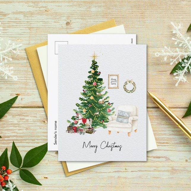 Watercolor Christmas Tree & Sofa Chair Christmas  Holiday Postcard (Creator Uploaded)