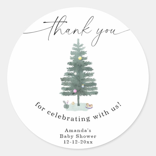Watercolor Christmas tree Thank you Classic Round Sticker (Front)