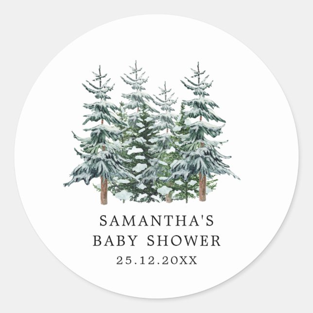 Watercolor Christmas Tree Winter Baby Shower  Classic Round Sticker (Front)