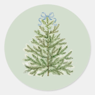 Watercolor Christmas Tree with Blue Bow Classic Round Sticker