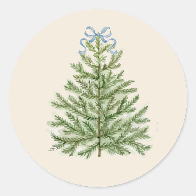 Watercolor Christmas Tree with Blue Bow Classic Round Sticker (Front)