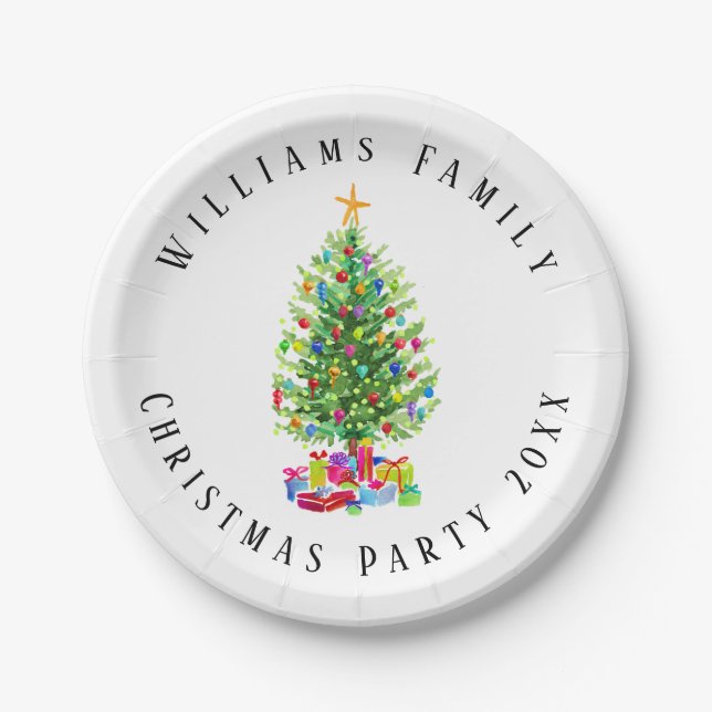 Watercolor Christmas Tree With Gifts Custom Paper Plate (Front)