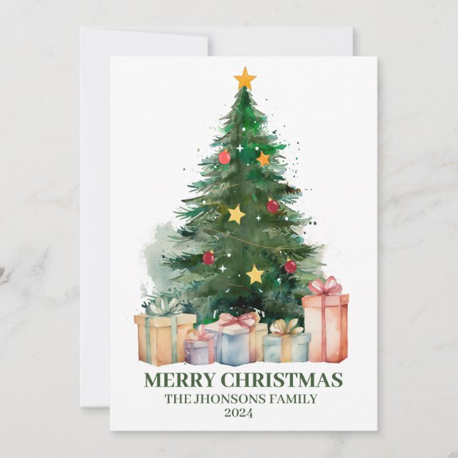Watercolor Christmas Tree with Gifts Holiday Card (Front)