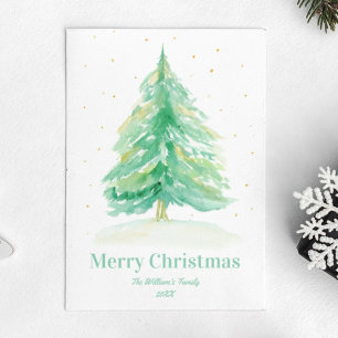 Watercolor Christmas Tree With Gold Snow Postcard