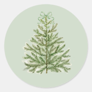 Watercolor Christmas Tree with Green Bow Classic Round Sticker