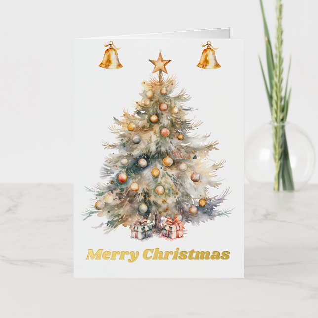 Watercolor Christmas Tree with jingle bells, Foil Greeting Card (Front)