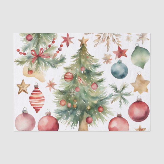 Watercolor Christmas Tree with Ornaments Tissue Paper (Front)
