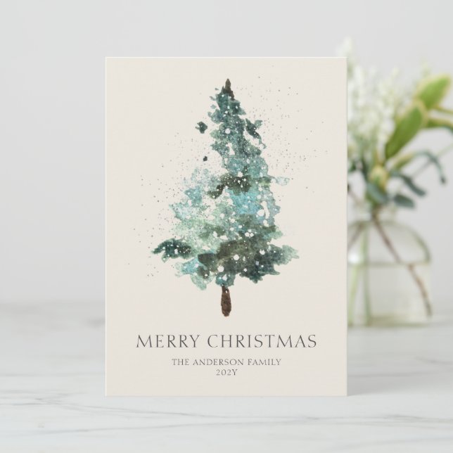 Watercolor Christmas Tree with Sparkle  Holiday Card (Standing Front)
