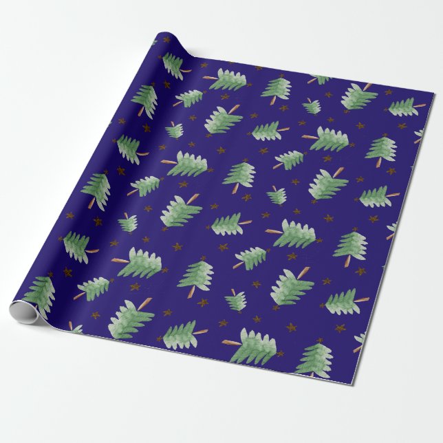 Watercolor Christmas tree wrapping paper (Unrolled)