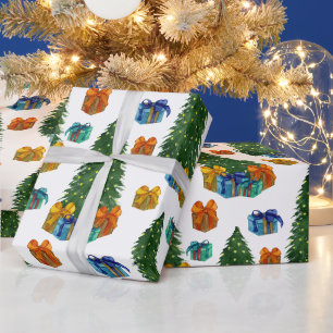 Watercolor Christmas Trees and Gift Boxes  Wrapping Paper