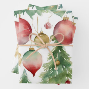 Watercolor Christmas Trees and Ornaments Abstract  Wrapping Paper Sheet