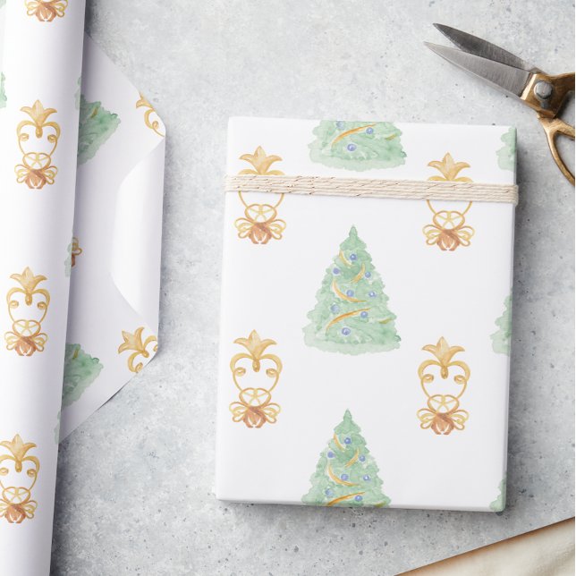 Watercolor Christmas Trees Gold Grandmillennial  Wrapping Paper (Creator Uploaded)