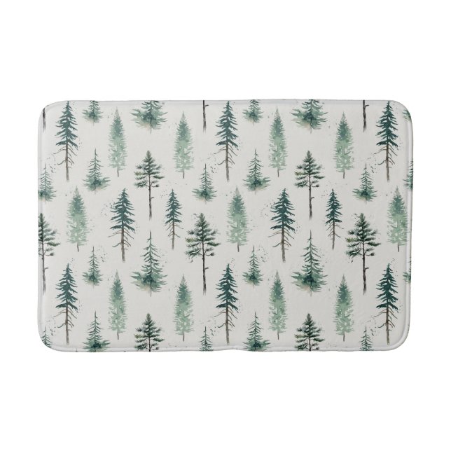 Watercolor Christmas Trees Holiday Pattern Bath Mat (Front)