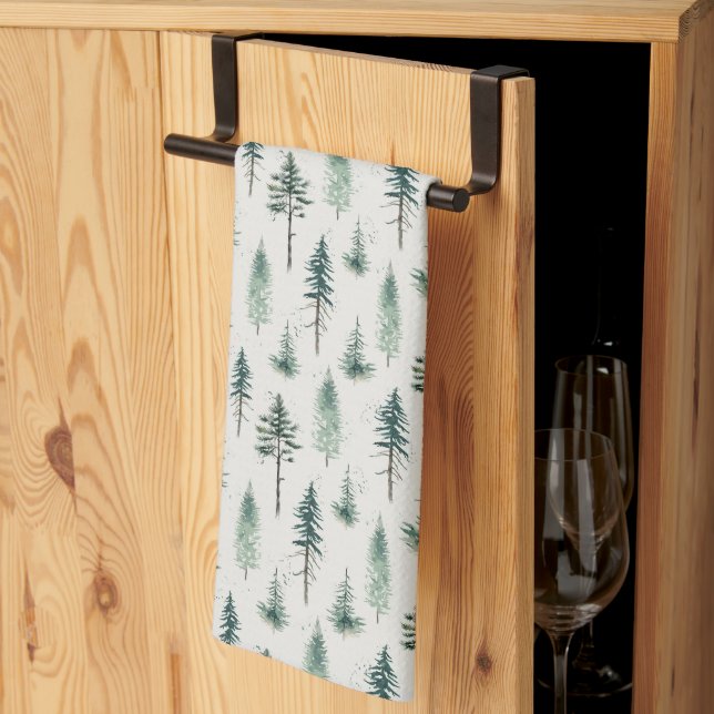 Watercolor Christmas Trees Holiday Pattern Kitchen Towel (Thirds Fold)