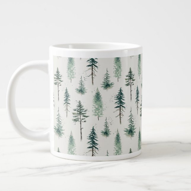 Watercolor Christmas Trees Holiday Pattern Large Coffee Mug (Left)