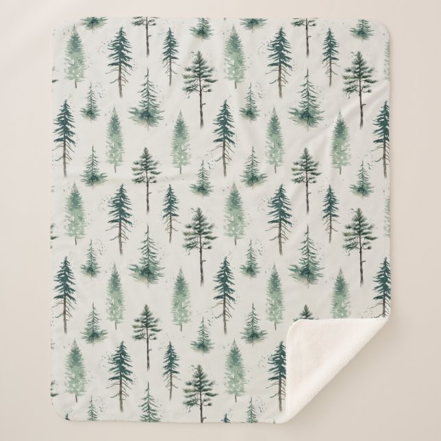 Watercolor Christmas Trees Holiday Pattern Sherpa Blanket (Front)