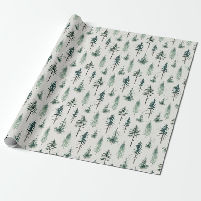 Watercolor Christmas Trees Holiday Pattern Wrapping Paper (Unrolled)