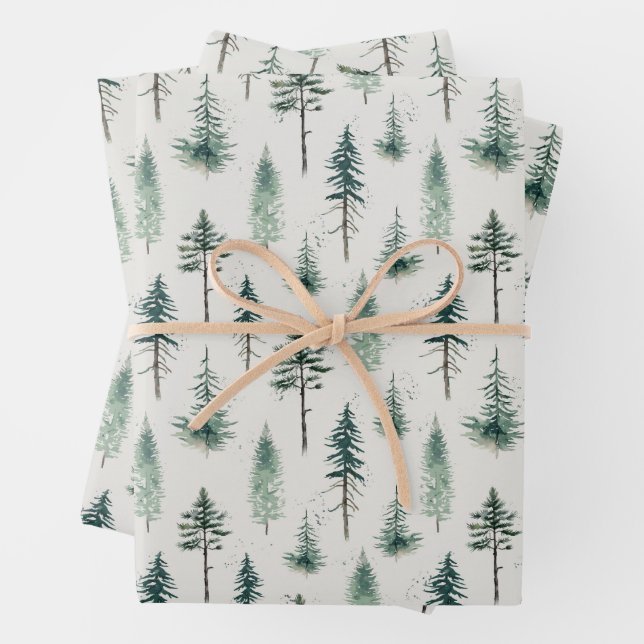 Watercolor Christmas Trees Holiday Pattern Wrapping Paper Sheet (In situ)