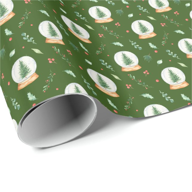 Watercolor Christmas Trees in Snow Globe Green Wrapping Paper (Roll Corner)