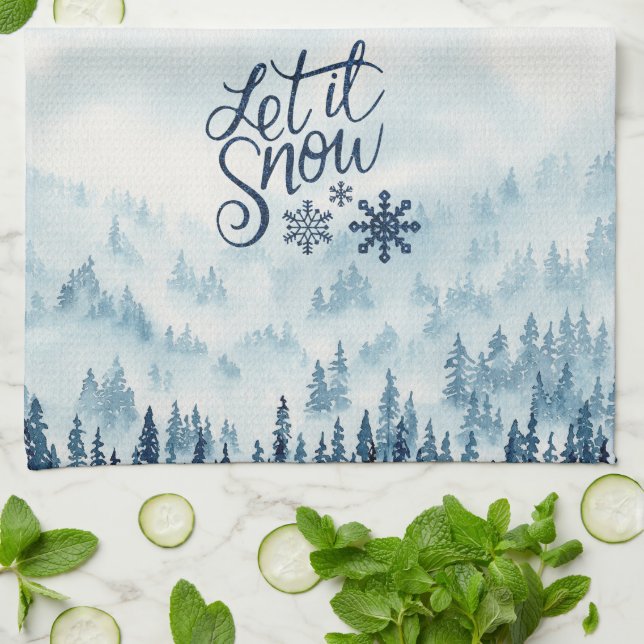 Watercolor Christmas Trees Let It Snow  Kitchen Towel (Folded)