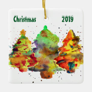 Watercolor Christmas Trees Light Ceramic Ornament