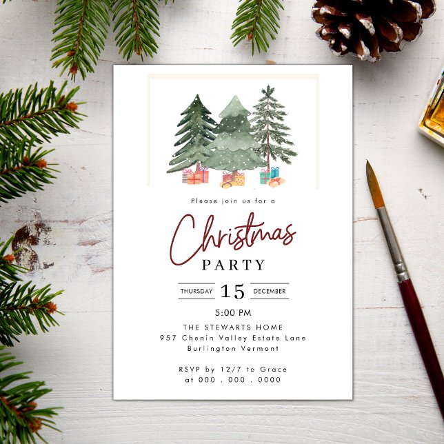 Watercolor Christmas Trees Modern Holiday Party Invitation (Creator Uploaded)
