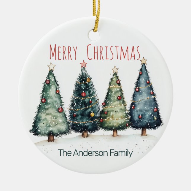 Watercolor Christmas Trees Ornament | Custom Name (Front)