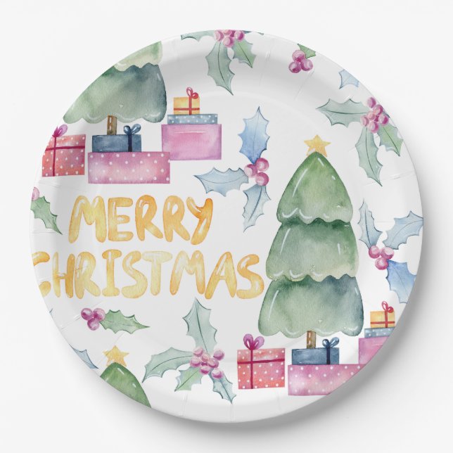 Watercolor christmas trees paper plate (Front)