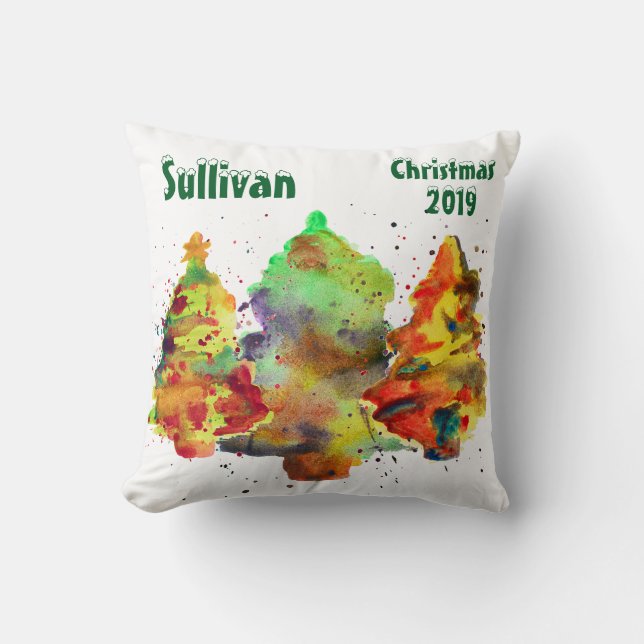 Watercolor Christmas Trees, Personalize w/ photos Throw Pillow (Front)