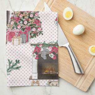 WATERCOLOR CHRISTMAS TREES PRESENTS TEDDY BEARS KITCHEN TOWEL