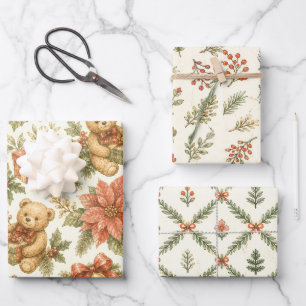 Watercolor Christmas Trees Ribbons & Plaid Pattern Wrapping Paper Sheet