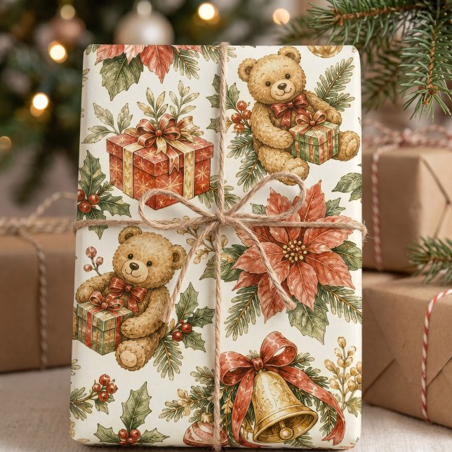 Watercolor Christmas Trees Ribbons & Plaid Pattern Wrapping Paper Sheet (Creator Uploaded)