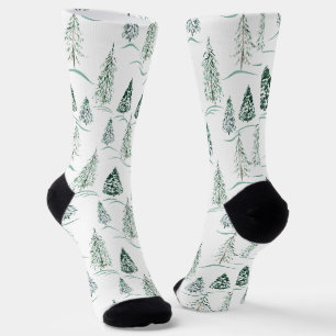Watercolor Christmas trees. Winter forest. Socks