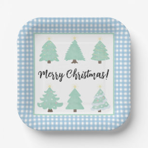 Watercolor Christmas Trees with Blue Plaid Square Paper Plate