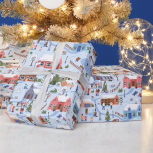 Watercolor Christmas Village Light Blue  Wrapping Paper