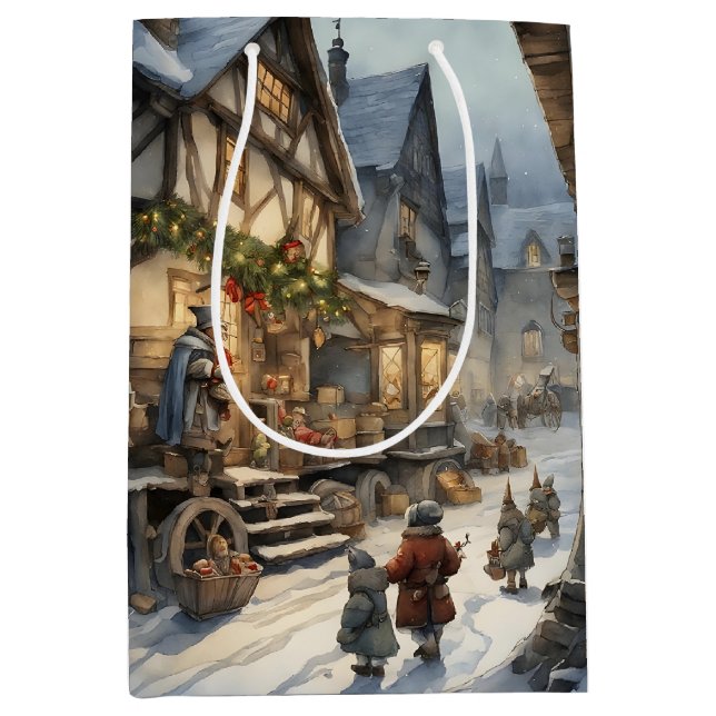 Watercolor Christmas Village  Medium Gift Bag (Front)
