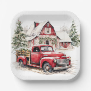 Watercolor Christmas Vintage Truck and Barn  Paper Plate