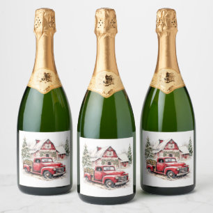Watercolor Christmas Vintage Truck and Barn  Sparkling Wine Label
