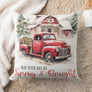 Watercolor Christmas Vintage Truck and Barn Throw Pillow