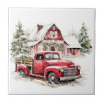 Watercolor Christmas Vintage Truck and Barn  Tile<br><div class="desc">Watercolor Christmas Vintage Truck and Barn ceramic tile
Home & Living > Home Décor > Home Accents > Decorative Tiles</div>