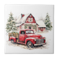 Watercolor Christmas Vintage Truck and Barn 