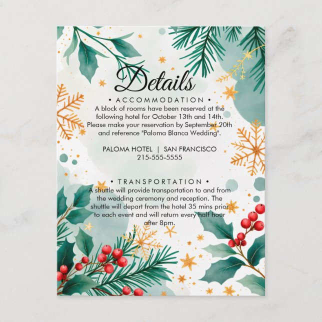 Watercolor Christmas Wedding Details Card  (Front)