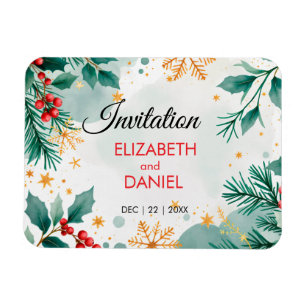 Watercolor Christmas Wedding Invitation with Holly Magnet