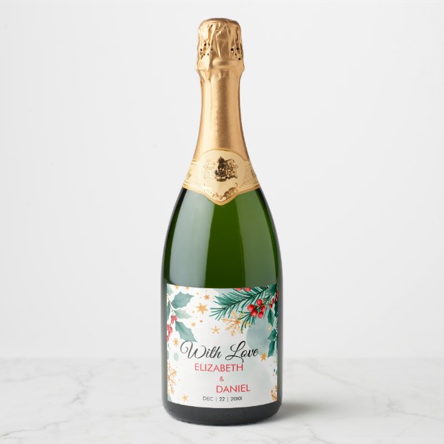 Watercolor Christmas Wedding Sparkling Wine Label  (Front)