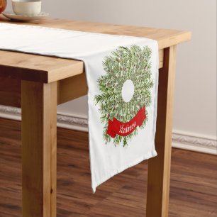 Watercolor Christmas Wreath Add Family Name Short Table Runner