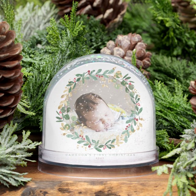 Watercolor Christmas Wreath Baby First Christmas Snowglobe (Winter)